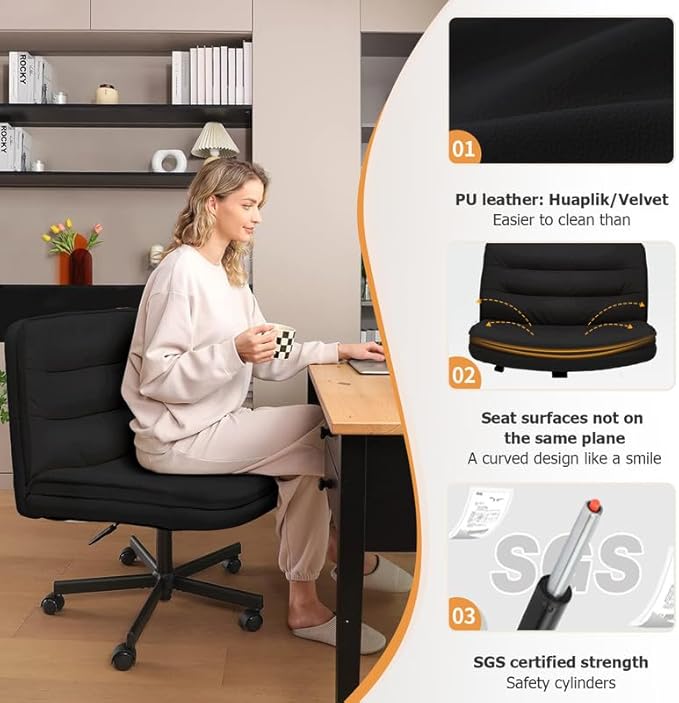 COMHOMA Criss Cross Chair with Wheels, Armless Wide Cross Legged Office Chair Mid Back, Modern Home Office Desk Chair Swivel Adjustable Vanity Computer Chair, Black - LeafyLoom