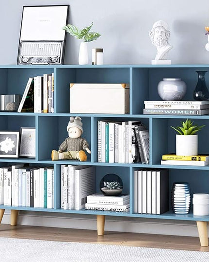 IOTXY Wooden Open Shelf Bookcase - 3-Tier Floor Standing Display Cabinet Rack with Legs, 10 Cubes Bookshelf, Bright Blue - LeafyLoom