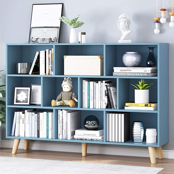 IOTXY Wooden Open Shelf Bookcase - 3-Tier Floor Standing Display Cabinet Rack with Legs, 10 Cubes Bookshelf, Bright Blue - LeafyLoom