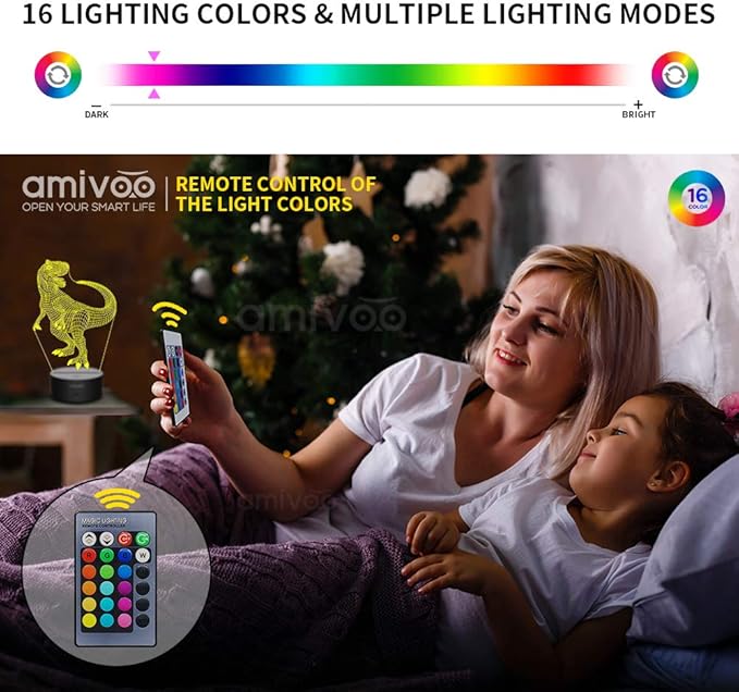 Dinosaur 3D Night Light for Kids 16 Colors Changing 3D Optical Illusion Lamp with Smart Touch & Remote Control, Best Gift for Girls Boys Kids (T-rex) - LeafyLoom