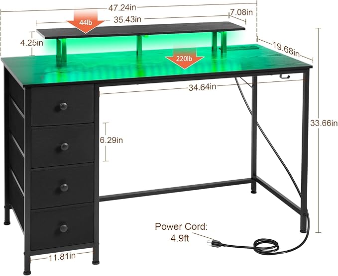 Computer Desk with LED Light & Power Outlets, 47 Inch Gaming Desk with 4 Fabric Drawers, Office Desk with Monitor Stand, Black Work Writing Desk with Hooks for Home Office, Bedroom, HGD12BK - LeafyLoom
