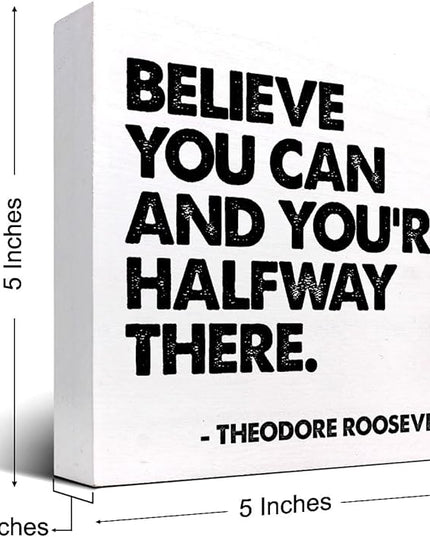 Believe You Can and You're Halfway There Wood Box Signs,Inspirational Wood Plaque Sign Desk Decor,Rustic Positive Wooden Block Sign Decor for Home Office Shelf Table Decoration C1073 - LeafyLoom