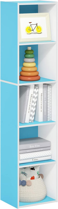 Furinno Luder Bookcase / Book / Storage, 5-Tier Cube, Light Blue/White - LeafyLoom