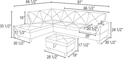ROOMTEC 3 Piece L Shaped Sectional Sofa Set with Storage Ottoman, Left Facing Chaise Longue, Reversible Backrest w/ 2 Cup Holders, Flannel Tufted Cushions, for Living Room, Dark Brown - LeafyLoom
