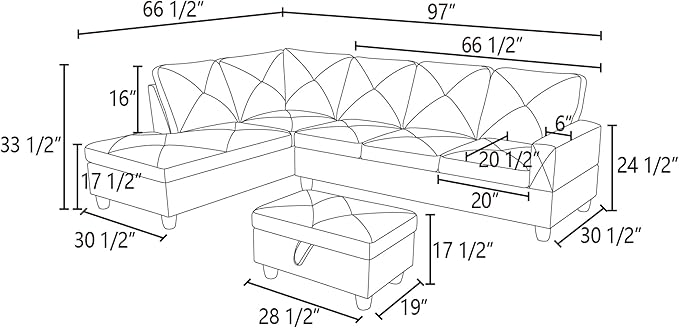 ROOMTEC 3 Piece L Shaped Sectional Sofa Set with Storage Ottoman, Left Facing Chaise Longue, Reversible Backrest w/ 2 Cup Holders, Flannel Tufted Cushions, for Living Room, Dark Brown - LeafyLoom