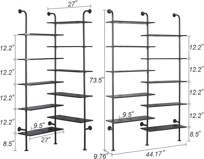 HOMBAZAAR Bookshelf,10-Tier L Shaped, Industrial Double Wide Wall Mount, Modern Bookcase with Metal Frame and Wood, Industrial Corner Pipe Shelf for Living Room and Office, Black - LeafyLoom
