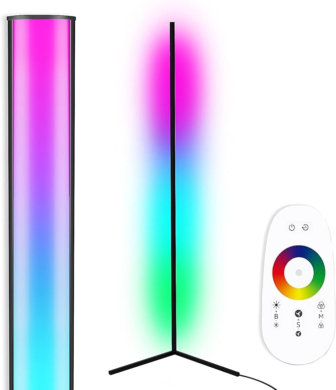 TACAHE Corner Floor Lamp - RGB Color Changing Mood Light, Dimmable LED Modern Floor Lamp with Remote, 56" Metal Standing Lamp for Living Room, Bedroom 20W - Black - LeafyLoom