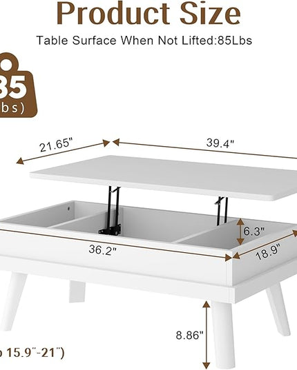 Shintenchi Coffee Table, Lift Top Coffee Table with Hidden Compartment, Rising Tabletop Dining Table, Lift Top Coffee Center Table for for Living Room, Office, Home (White) - LeafyLoom