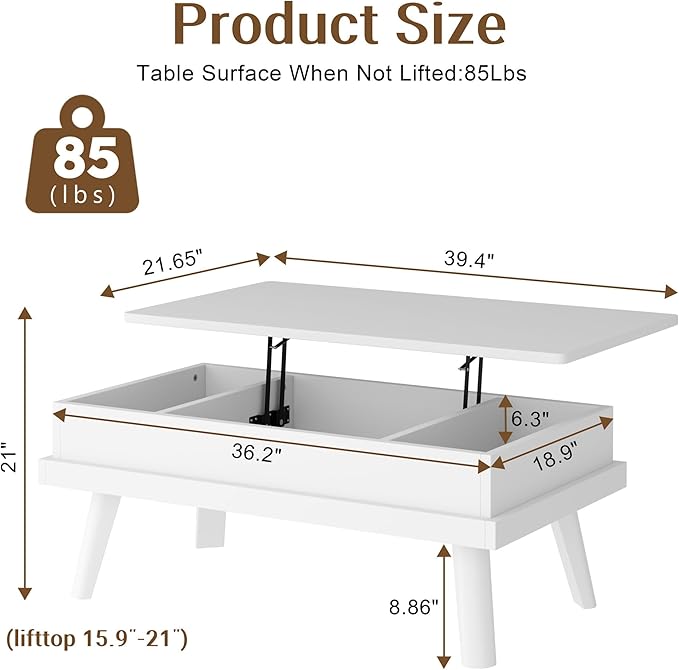 Shintenchi Coffee Table, Lift Top Coffee Table with Hidden Compartment, Rising Tabletop Dining Table, Lift Top Coffee Center Table for for Living Room, Office, Home (White) - LeafyLoom