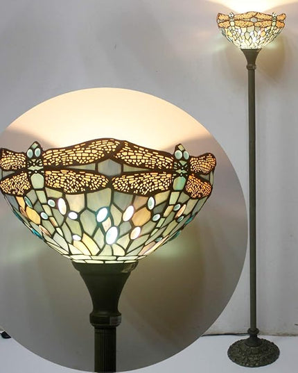 WERFACTORY Tiffany Floor Lamp Sea Blue Stained Glass Dragonfly Light 12X12X66 Inches Pole Torchiere Standing Corner Torch Uplight Decor Bedroom Living Room Home Office S147 Series - LeafyLoom