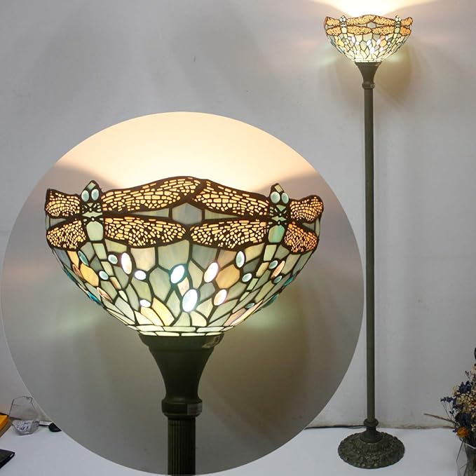 WERFACTORY Tiffany Floor Lamp Sea Blue Stained Glass Dragonfly Light 12X12X66 Inches Pole Torchiere Standing Corner Torch Uplight Decor Bedroom Living Room Home Office S147 Series - LeafyLoom