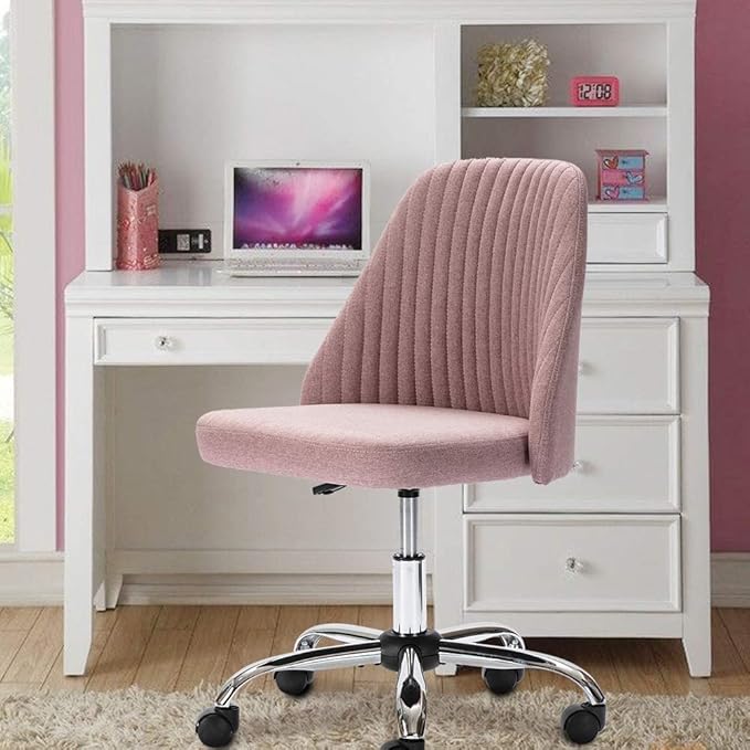 HOMEFLA Home Office Modern Linen Swivel Task Upholstered Fabric Desk Chair Armless with Wheels, Middle, Pink - LeafyLoom