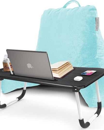 Clara Clark Reading Pillow with Portable Lap Desk for laptop Set, Back Pillow for Sitting Up in Bed, Memory Foam Back Support Pillow, Bed Rest Pillow with Foldable Laptop Desk, Standard - Light Blue - LeafyLoom