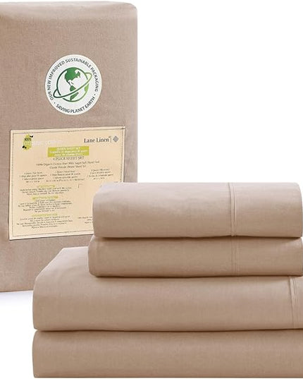 LANE LINEN 100% Organic Cotton Sheets Set Pure Long- Staple Percale Weave - Bedding for Bed Fits Mattress Upto 15" Deep Pocket (Queen Taupe) - LeafyLoom