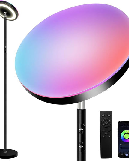 Ovesnty Floor Lamp, Double Sided Lighting LED Modern Floor Lamps, Color Changing & Dimmable Tall Standing Light with Remote Smart App Bright Corner Floor Lamp for Living Room Bedroom Office - LeafyLoom