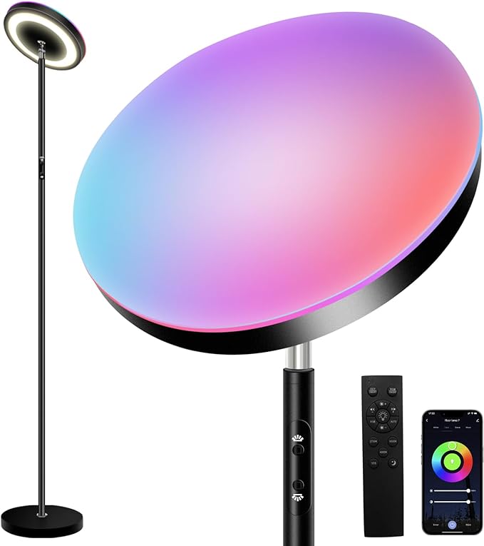 Ovesnty Floor Lamp, Double Sided Lighting LED Modern Floor Lamps, Color Changing & Dimmable Tall Standing Light with Remote Smart App Bright Corner Floor Lamp for Living Room Bedroom Office - LeafyLoom