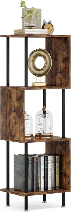 4 Tier Modern Bookshelf, S-Shaped Bookcase,Small Book Shelf for Small Spaces, Unique Bookshelf for Storage Organizer Living Room Bedroom Home Office, Brown - LeafyLoom