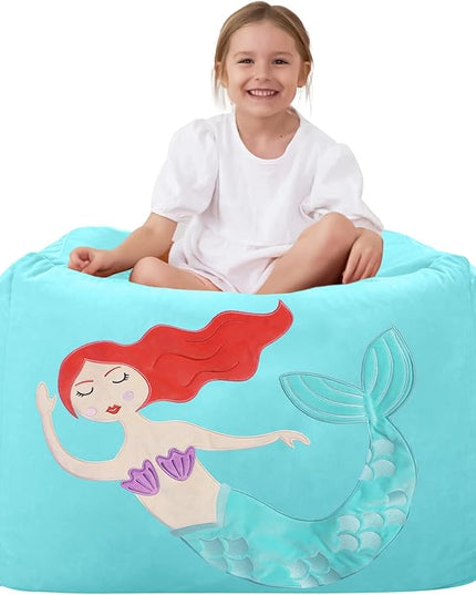 Aubliss Unicorn Stuffed Animal Storage Bean Bag Chair for Kids, Velvet Extra Soft Beanbag Chairs Cover, X-Large Stuffable Zipper Bean Bag for Organizing Plush Toys Girls Bedroom Decor,Cyan - LeafyLoom
