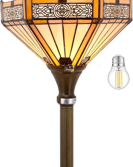 WERFACTORY Tiffany Floor Lamp Yellow Hexagon Stained Glass Mission Light 12X12X66 Inches Torchiere Standing Corner Torch Uplight Decor Bedroom Living Room Home Office S011 Series - LeafyLoom