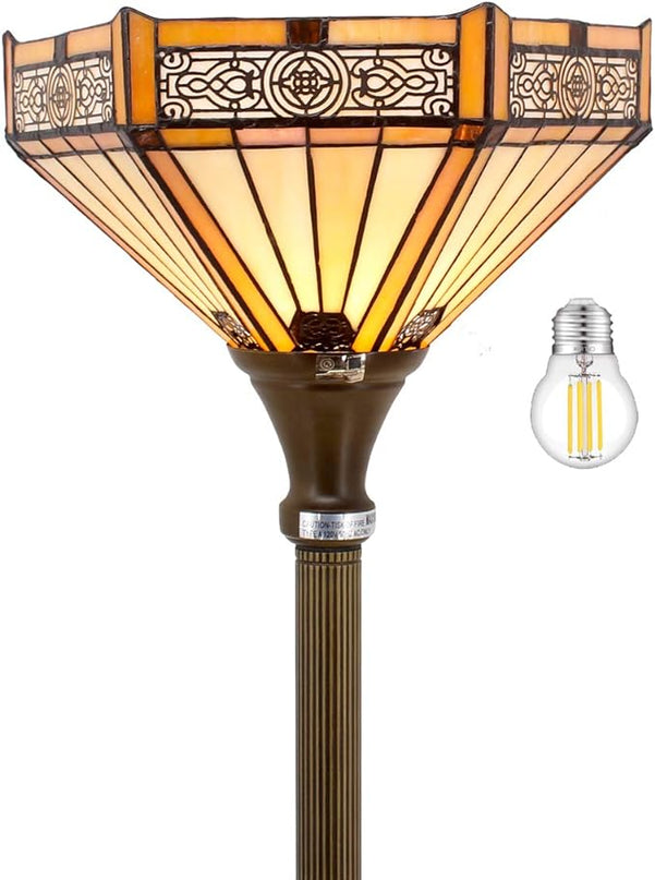 WERFACTORY Tiffany Floor Lamp Yellow Hexagon Stained Glass Mission Light 12X12X66 Inches Torchiere Standing Corner Torch Uplight Decor Bedroom Living Room Home Office S011 Series - LeafyLoom