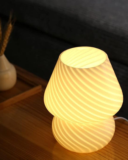 BSOD Mushroom Lamp,Glass Table Bedside Lamps Translucent Murano Vintage Style Striped Small Night Mushroom Decor Light Swirl for Ambient,Kids,Bedroom,Living,Girl Gift (Stripe White) - LeafyLoom