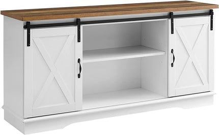 Walker Edison Richmond Modern Farmhouse Sliding Barn Door TV Stand for TVs up to 65 Inches, 58 Inch, White and Rustic Oak - LeafyLoom