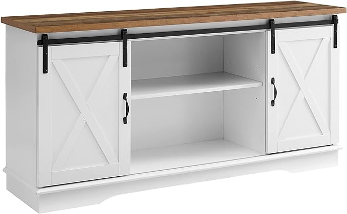 Walker Edison Richmond Modern Farmhouse Sliding Barn Door TV Stand for TVs up to 65 Inches, 58 Inch, White and Rustic Oak - LeafyLoom