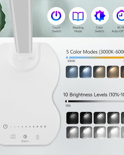 Led Desk Lamp with USB Charging Port, 5 Lighting Colors & 10 Brightness Reading Lamp, Foldable Dimmable LED Desk Light, 3000-6500K, Violin Shape Lamp Desk Lamps for Home Office-White - LeafyLoom