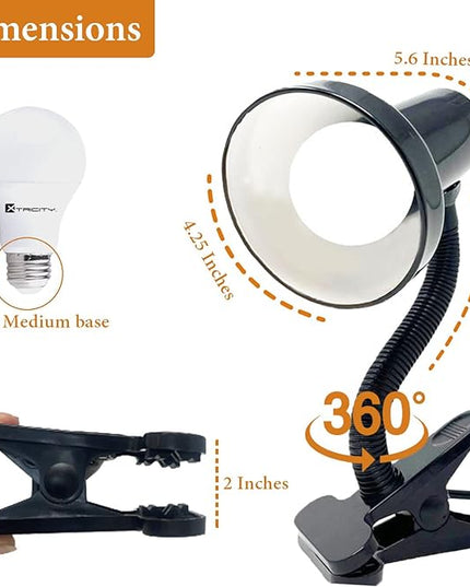 Xtricity Clip on Lamp with Clamp Base and Adjustable Gooseneck Desk lamp, Clip lamp for Bed 6W A19 LED Bulb Included, 120 Volt, Convenient On/Off Switch, 10.25 Inches Tall (26cm), Black Finish - LeafyLoom