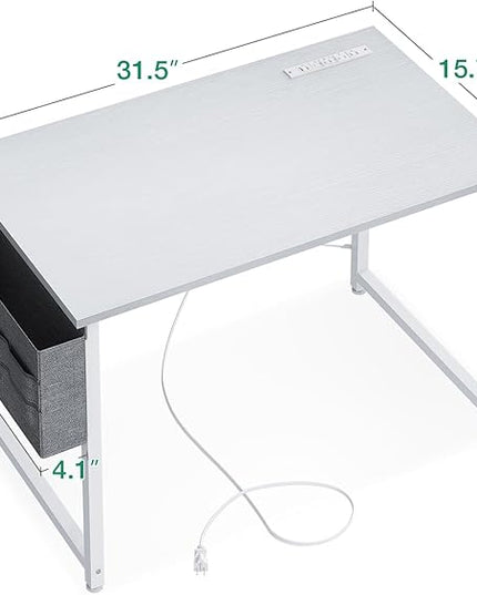 AODK 32 inch Small Computer Desk with Power Outlet for Small Spaces Home Office Student Laptop PC Writing Desks with Storage Bag Headphone Hook, White - LeafyLoom