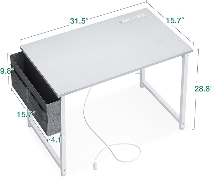 AODK 32 inch Small Computer Desk with Power Outlet for Small Spaces Home Office Student Laptop PC Writing Desks with Storage Bag Headphone Hook, White - LeafyLoom