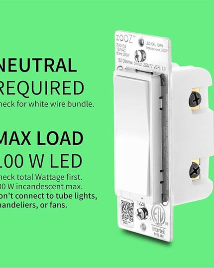 Zooz 800 Series Z-Wave Long Range S2 Dimmer Switch ZEN77 800LR, White | Simple Direct 3-Way and 4-Way Solution (Works with Regular Switches, No Aux Switch Needed) | Z-Wave Hub Required ZOOZ
