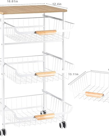 Kitchen Storage Rolling Cart on Wheels, 4 Tier Metal Rolling Utility Cart Mesh Basket Pantry Cart Rack with Wooden Tabletop for Fruit Vegetable Onion Potato Storage, White - LeafyLoom