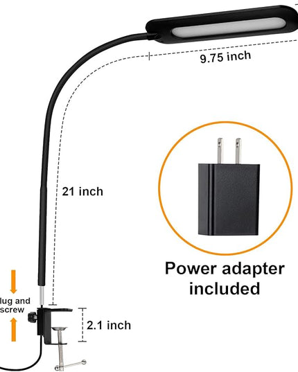 LED Desk lamps with Clamp for Home Office,High Brightness,3 Color Temperatures and Dimmable Clip On Desk Light,Flexible Gooseneck Desk Lamp with USB Adapter,Black - LeafyLoom