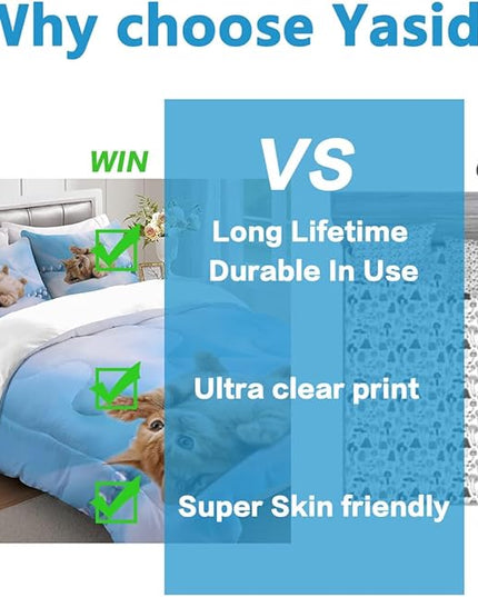 Cat Comforter Set Queen Size for Kids Blue Cat 3Pcs Bedding Set for boys and Girls (1Summer Comforter+ 2 Pillowcases) Lovely Animal Pets Duvet Set - LeafyLoom