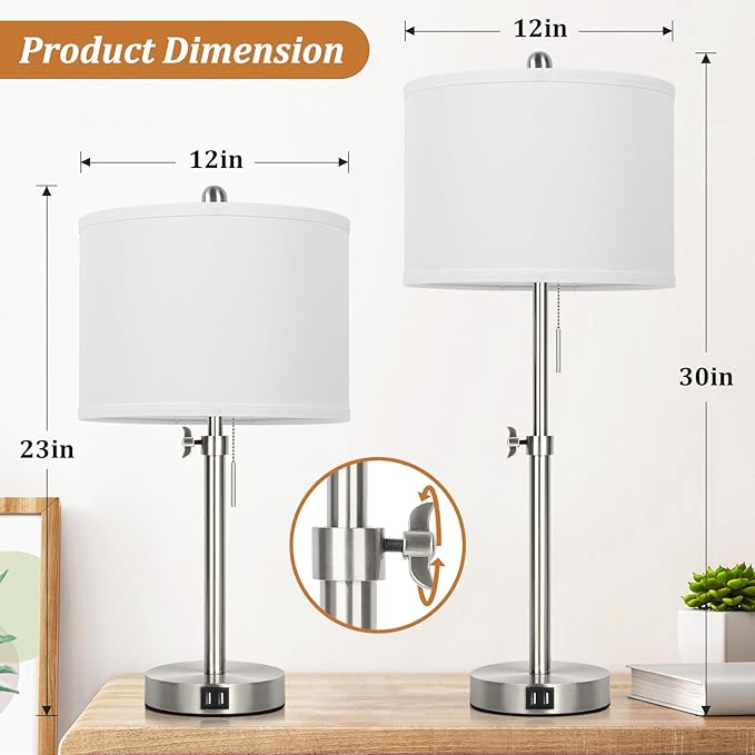 Table Lamp Set of 2 for Bedroom, Bedside Lamp with 2 USB Ports, 23" to 30" Height Adjustable Tall Table Lamp for Living Room End Tables, Modern Silver Nightstand Lamp with Pull Chain - LeafyLoom