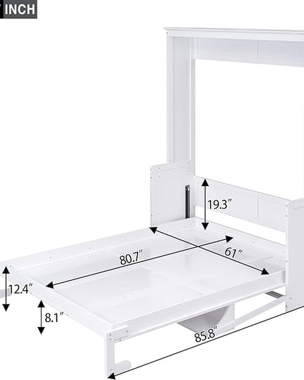 Queen Size Murphy Bed with Shelf, Queen Wall Bed Storage Bed for Guestroom, Office, Space-Saving Design Murphy Bed Frame, No Spring Box Needed, White - LeafyLoom