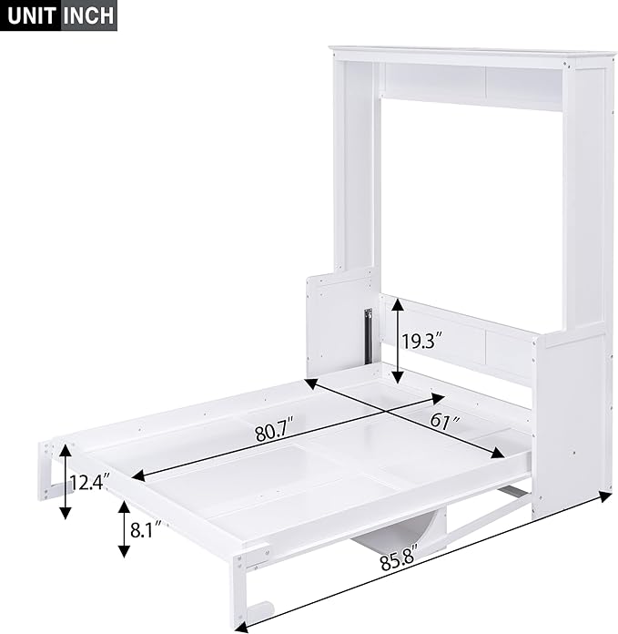 Queen Size Murphy Bed with Shelf, Queen Wall Bed Storage Bed for Guestroom, Office, Space-Saving Design Murphy Bed Frame, No Spring Box Needed, White - LeafyLoom
