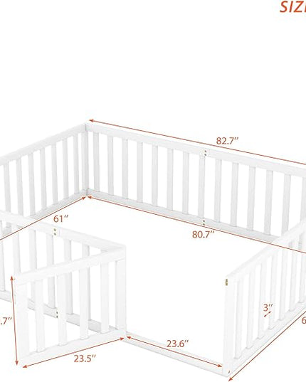 Multifunctional Queen Size Floor Bed with Safety Guardrails and Door, Montessori Sturdy Solid Wood Beds Frame, Easy Assembly and No Spring Need, for Boys and Girls Room, White - LeafyLoom