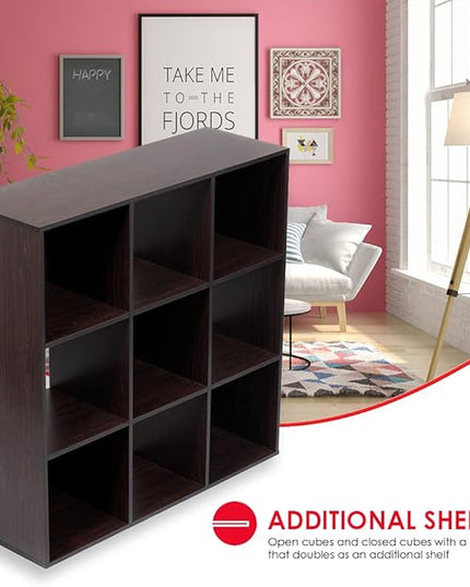 Home Basics 9-Cube Storage Organizer with 11" Shelf Opening Espresso MDF Bookcase and Display Shelf | Open and Closed Back Combination | Horizontal or Vertical Orientation - LeafyLoom