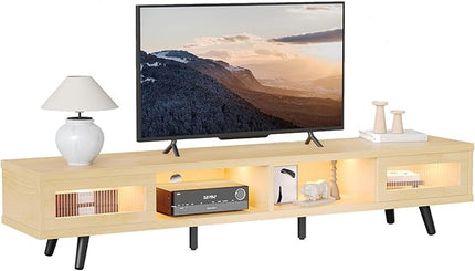 Bestier Mid Century Modern TV Stand for 75 inch TV, LED Entertainment Center with Storage and Sliding Doors, Low Profile TV Consoles for Living Room, White Maple - LeafyLoom