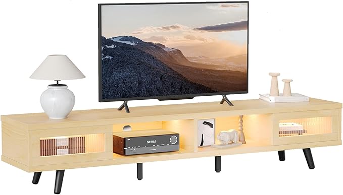 Bestier Mid Century Modern TV Stand for 75 inch TV, LED Entertainment Center with Storage and Sliding Doors, Low Profile TV Consoles for Living Room, White Maple - LeafyLoom