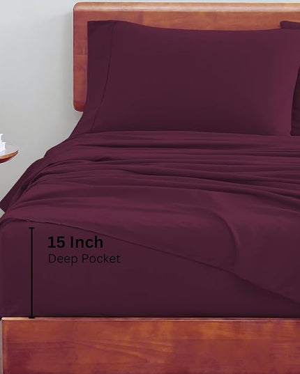 LANE LINEN 100% Organic Cotton Full Sheets Set 4-Piece Pure Percale Long Staple Soft Bedding Breathable Fits Mattress Upto 15" Deep - Windsor Wine - LeafyLoom