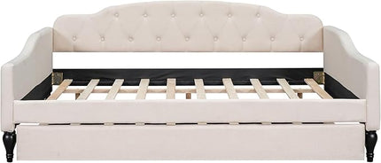 Full Size Upholstered Daybed with Trundle Bed Twin,Linen Sofa-Bed W/Button Tufted Back & Nailhead Decorated Waved Shape Arms,Slat Support,Bedframe for Bedroom Livingroom Small Space,Beige - LeafyLoom