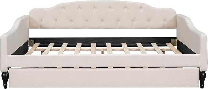 Full Size Upholstered Daybed with Trundle Bed Twin,Linen Sofa-Bed W/Button Tufted Back & Nailhead Decorated Waved Shape Arms,Slat Support,Bedframe for Bedroom Livingroom Small Space,Beige - LeafyLoom