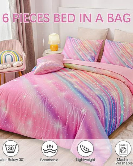 Btargot 6 Pieces Pink Gradient Star Ring Comforter Set for Boys Girls Teens, Twin Size Colorful Glitter Rainbow Star Galaxy Bedding Set - LeafyLoom