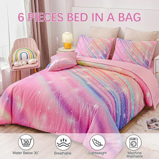 Btargot 6 Pieces Pink Gradient Star Ring Comforter Set for Boys Girls Teens, Twin Size Colorful Glitter Rainbow Star Galaxy Bedding Set - LeafyLoom
