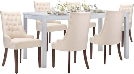 COLAMY 7-Piece Dining Table Set for 6, 60" Kitchen Wood Table with 6 Wingback Dining Room Chairs, White/Beige - LeafyLoom
