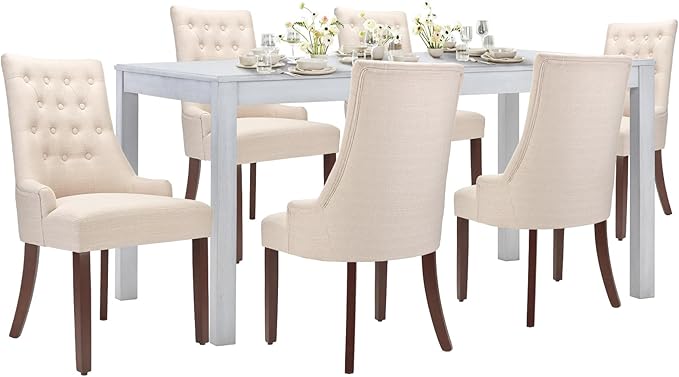 COLAMY 7-Piece Dining Table Set for 6, 60" Kitchen Wood Table with 6 Wingback Dining Room Chairs, White/Beige - LeafyLoom