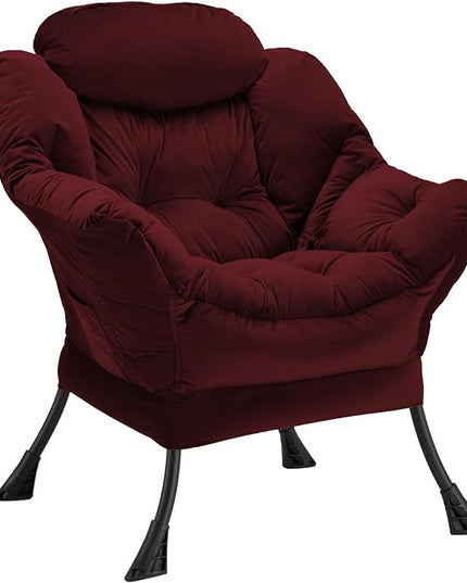 Lazy Chair Thick Padded, Accent Chair Velvet Upholstered with Wide Seat, Stable Metal Frame and Non-Slip Pad, Modern Sofa Armchair with Side Storage Bag for Dorm, Room, Office, Burgundy - LeafyLoom